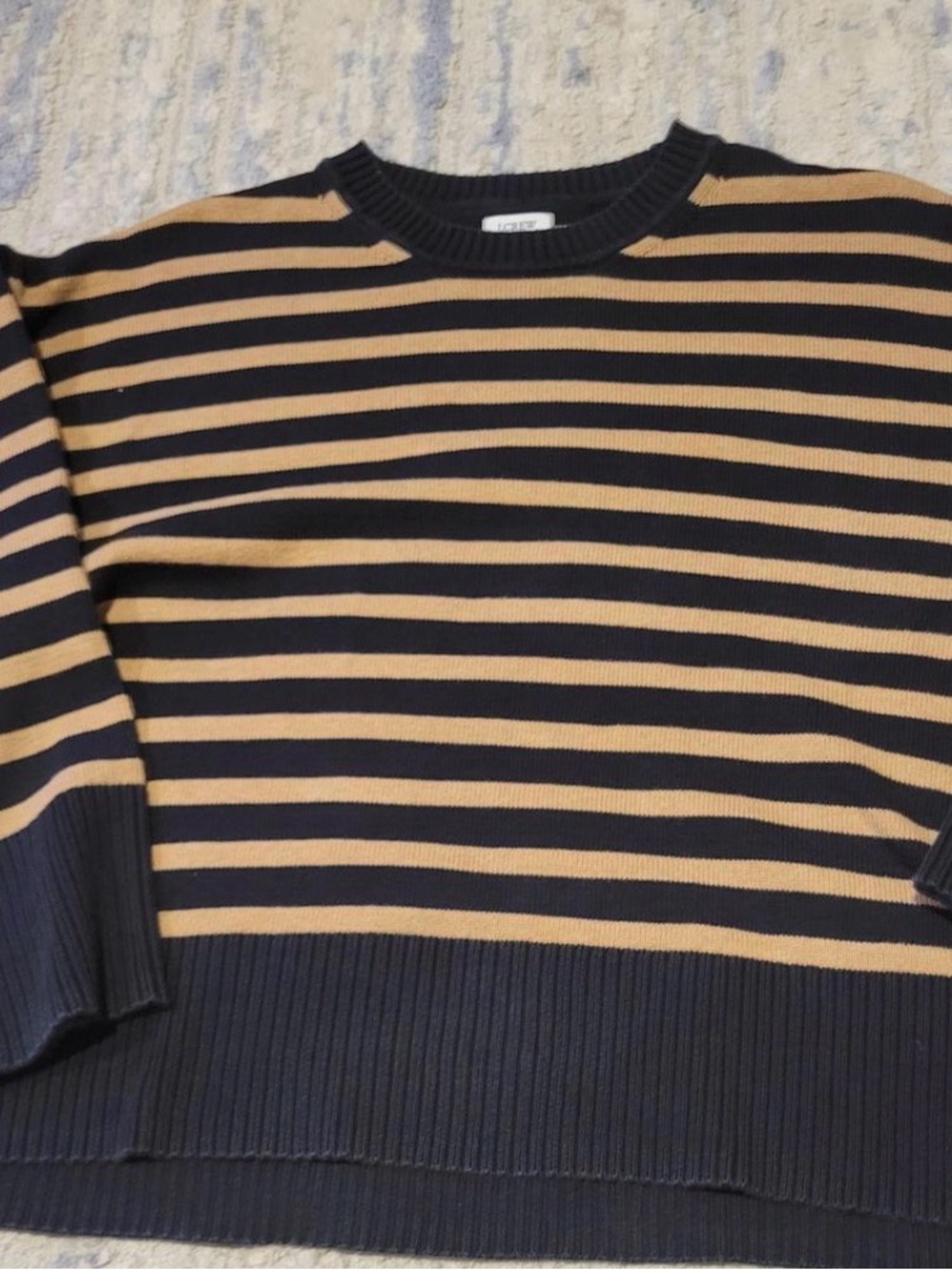 J. Crew Men's Black and Tan Striped Crewneck Sweater
